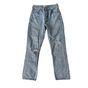 AGOLDE Riley High Rise Straight in Blue Button Fly Light Distress Jean 24‎ Waist